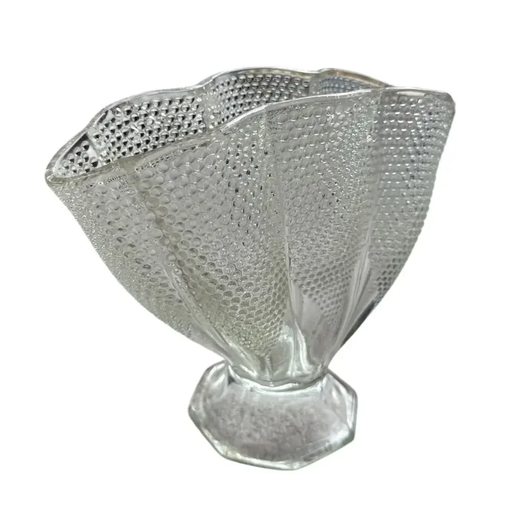 Vintage Clear Pressed Glass Hobnail Footed Centerpiece Bowl Fan Shape Unmarked